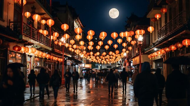 Traditional orange lanterns hanging above a crowded street during Mid-Autumn Festival celebrations under a glowing full moon in a cinematic night scene