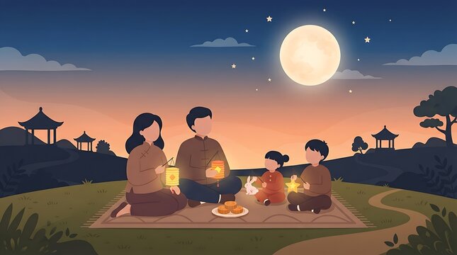 Happy Asian family celebrating Mid-Autumn Festival outdoors with lanterns and mooncakes under a glowing full moon in a modern flat illustration style