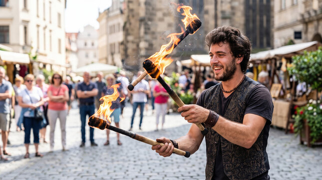 Fire performer entertaining crowd with flaming torches in city square. Fire performance captivates audience watching talented juggler demonstrating skillful techniques.