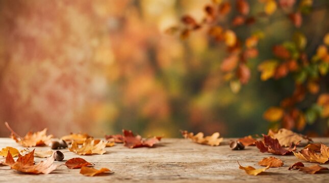 Autumn leaves and acorns scattered on a wooden table with a blurred background of fall foliage