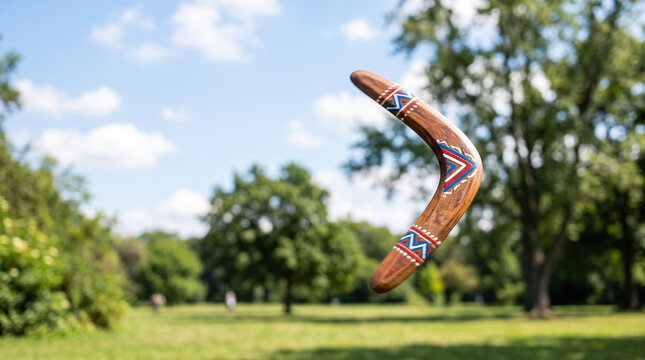 Flying boomerang in sunny park with clear blue sky and lush greenery. Boomerang captures air as it arcs through park with trees and grass, perfect for outdoor activities. Concept of fun in nature.