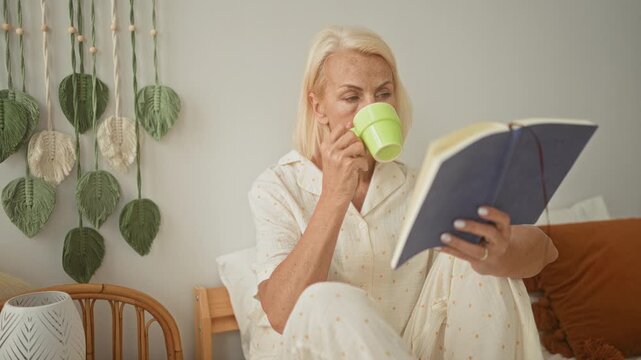 Middle age blonde woman reading a hardcover book while holding a green coffee mug on a bed in a building, framed by macrame decor; serene quiet morning reflection.