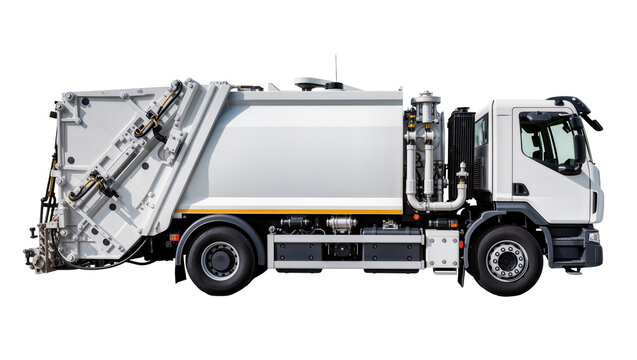 Isolated modern white municipal garbage truck for waste collection and disposal service
