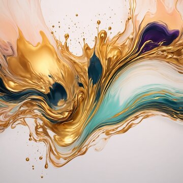 Abstract liquid art, flowing colorful ink, gold accents, smooth gradients, elegant composition, prem