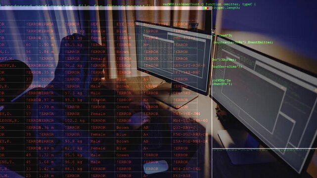 Cybersecurity specialist working at a multi-monitor workstation with programming code on screen. Concept of network protection, threat detection, security operations, encryption. 