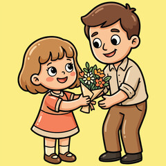 Cute cartoon illustration of a little girl giving a bouquet of flowers to her happy father