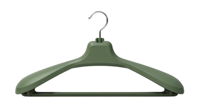Isolated sturdy sage green plastic clothes hanger with a sleek metal hook for wardrobe organization