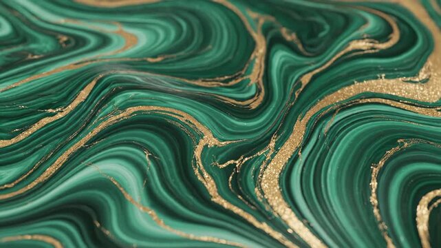 Seamless emerald green and gold marble fluid texture. Swirling organic malachite pattern with metallic gold glitter veins. Abstract liquid waves background for luxury design backdrop.