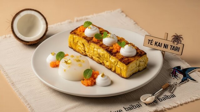 Gourmet Te Kai Ni Tari roasted breadfruit with coconut milk gel and edible gold, elegant Pacific Island food presentation with soft beige copy space