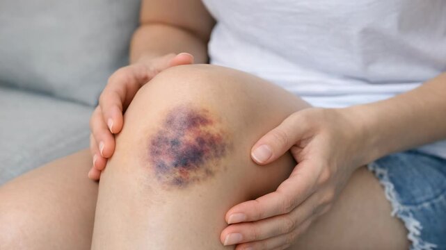 Person holds injured knee with bruised area. Hands gently press around swollen joint. Bruise shows purple and blue discoloration. Knee appears tender, resting on soft surface