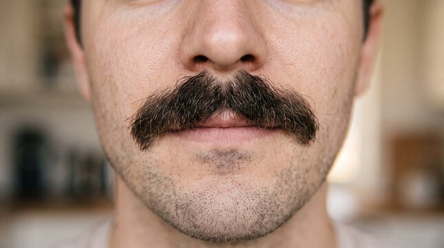 Close up of a man's face showing a thick dark mustache and stubble