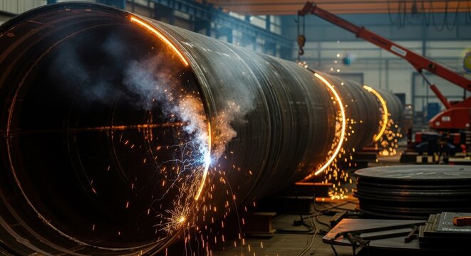 Hyperloop vacuum tube section glowing with freshly welded seams ambient smoke and sparks captured during active construction in yard.