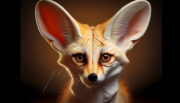 Close-up portrait of a fennec fox showing large ears and detailed fur texture with desert animal brown background portrait wildlife