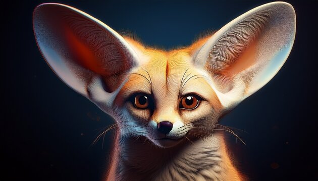 Portrait of an alert fennec fox against a solid black backdrop with wildlife predator portrait nocturnal