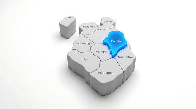 Three dimensional map illustrating the island nation of tuvalu with funafuti highlighted in bright blue with segment funafuti against background soft shadows