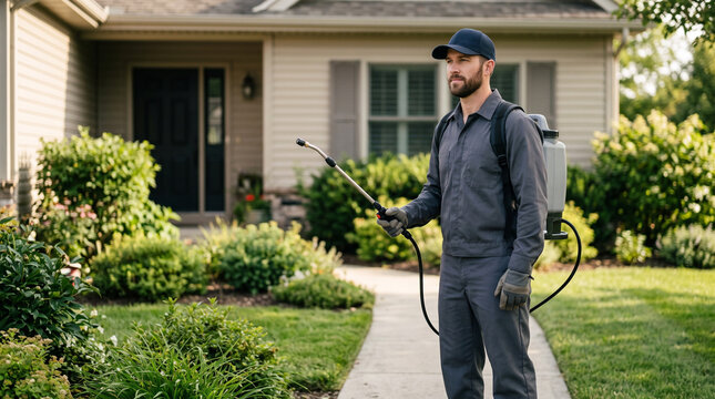 Man pest control worker in uniform holding insecticide sprayer in front of residential house.