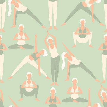 Seamless pattern of women in various yoga poses on soft sage green background. Minimalist aesthetic illustration of fitness and wellness exercise routines