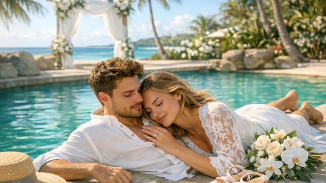 Couple relaxes by poolside under tropical sun. Wedding arch frames ocean view behind them. Lace-clad woman rests head on man's shoulder. Flowers and soft light enhance romantic mood