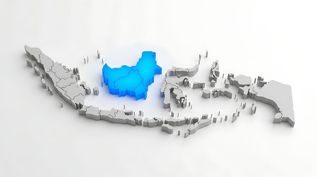 Three dimensional map highlighting kalimantan region within indonesian archipelago against isolated neutral white background surface with illuminated bright glowing