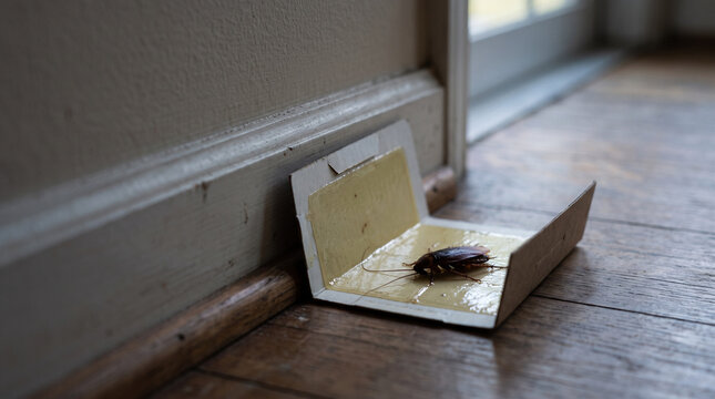 Cockroach stuck on adhesive glue trap placed by wall. Insect control device for home pest management. Extermination method for household infestation and capture of crawling bug.