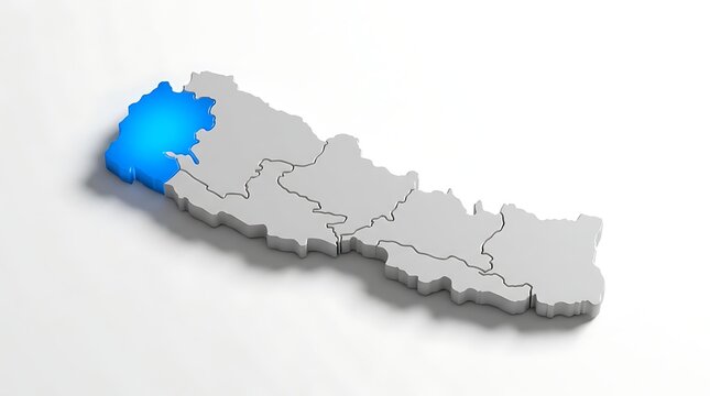 Three dimensional map of nepal highlighting the sudurpashchim province in bright glowing electric blue color with westernmost province highlighted