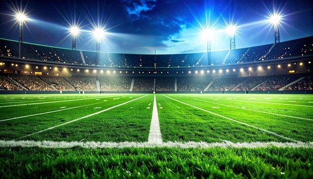 アメリカンフットボール スタジアム プレースホルダー 夜間照明 芝生フィールド ゴールポスト 群衆 タッチライン キックオフ スポーツイベント 競技場 ナイター 壮大 観客 選手 チーム ゲーム プレースホルダー 背景素材 エキサイティング 雰囲気