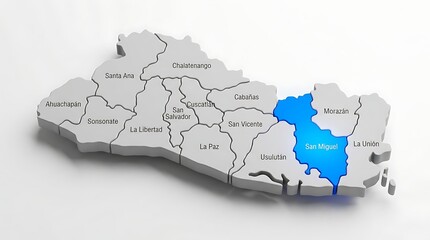 Obraz premium Three dimensional map highlighting san miguel department within el salvador political geographic division layout