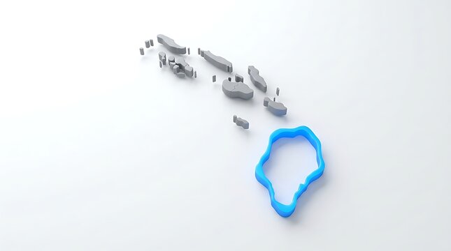 Three dimensional map illustrating solomon islands archipelago with one highlighted blue island silhouette design with archipelago rendered grey