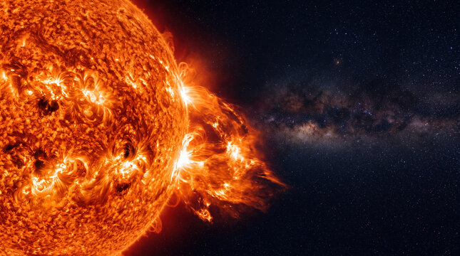 A dramatic close view of the Sun with a solar flare in space, featuring a glowing orange star surface, cosmic plasma, astronomy research, a solar storm, astrophysics, and space weather.