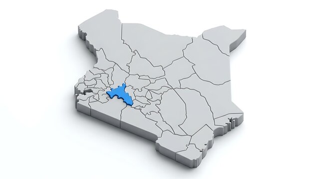 Three dimensional map illustrating specific administrative region highlighted within national borders of east african country kenya with district highlighted bright