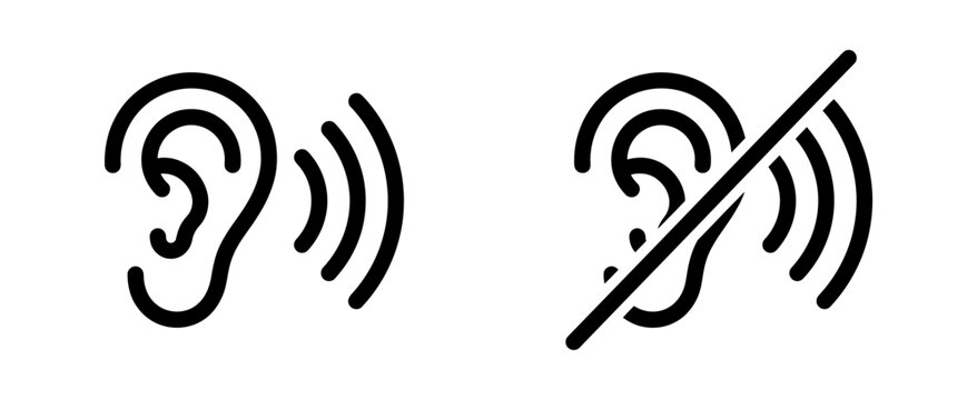Black and white line art icons depicting hearing and listening versus deafness or muted audio settings for digital interfaces