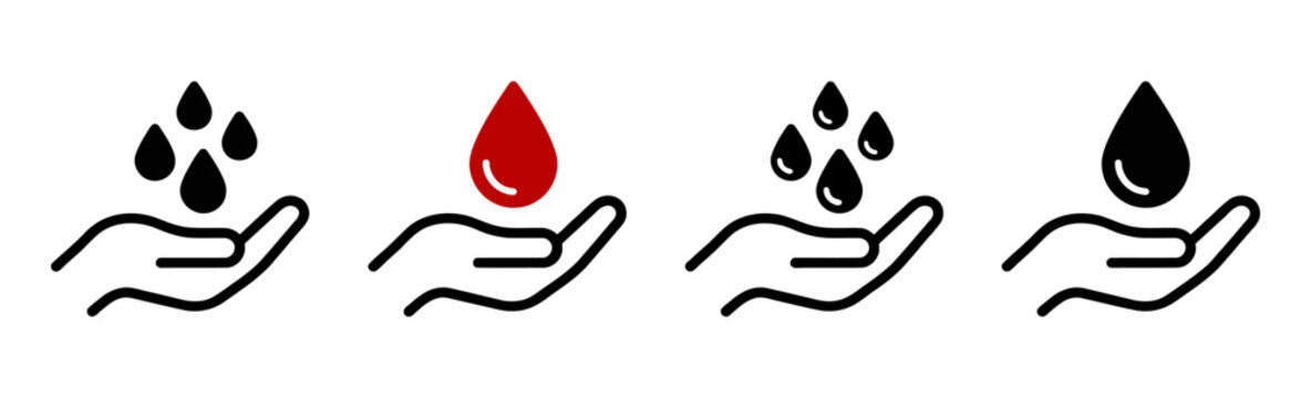 A set of four icons showing hands holding liquid drops representing blood donation and water conservation concepts