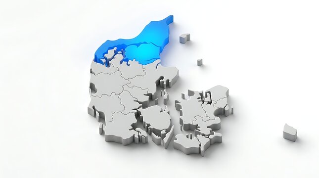 Three dimensional map showing northern region highlighted in glowing blue against neutral grey background with dimensional model country displays three