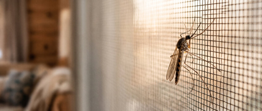Mosquito sitting on a window screen mesh. Insect prevention and home protection from pests.