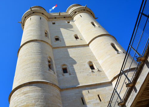 PARIS FRANCE: The Chateau de Vincennes is a massive 14th and 17th century French royal fortress in the donjon tower, 52 meters high, the tallest medieval fortified structure of Europe