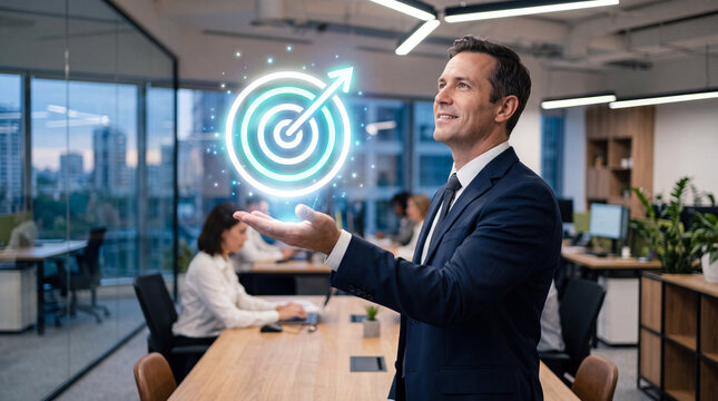 Glowing target symbol above hand, goal achievement, business success, strategic planning, mission concept, focus objective, innovation, corporate vision, goal, business focus, target icon