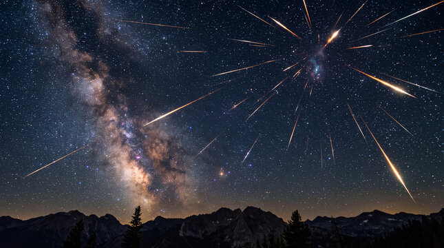 A breathtaking meteor shower over deep space, with blazing fireballs streaking through a starry night sky and the Milky Way above dark mountain silhouettes, representing astronomy and a celestial even