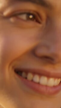 Vertical video: Smiling face widening while camera rolling outdoors, showing teeth and creased eyes