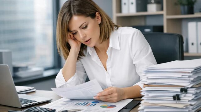 Woman sits at desk, stressed, reviewing paperwork. She rests head on hand, tired from workload. Documents and charts clutter her desk. Stacks of papers loom beside her, overwhelming