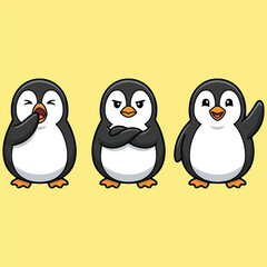 Fototapeta premium Cute cartoon penguin character set featuring different emotions including sleepy, grumpy and happy expressions on a yellow background