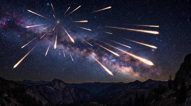 A breathtaking meteor shower over deep space, with blazing fireballs streaking through a starry night sky and the Milky Way above dark mountain silhouettes, representing astronomy and a celestial even