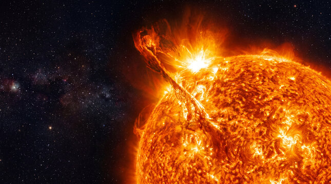 Dramatic close view of the Sun with solar flare in space, glowing orange star surface, cosmic plasma, astronomy research, solar storm, astrophysics, space weather, universe background with copy