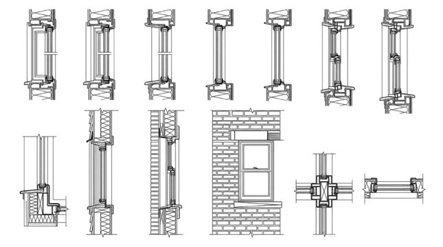 Window Jamb Head Construction Detail with Brick Wall and Sash Section