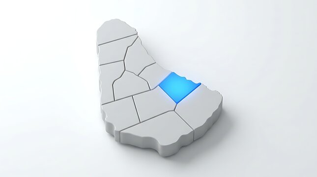 Three dimensional map of barbados island featuring one glowing highlighted administrative parish region division with single section illuminated