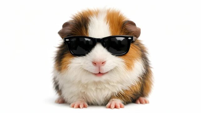 This shows a guinea pig wearing sunglasses and making a funny expression with its tongue sticking out. The animal is sitting on a plain background.