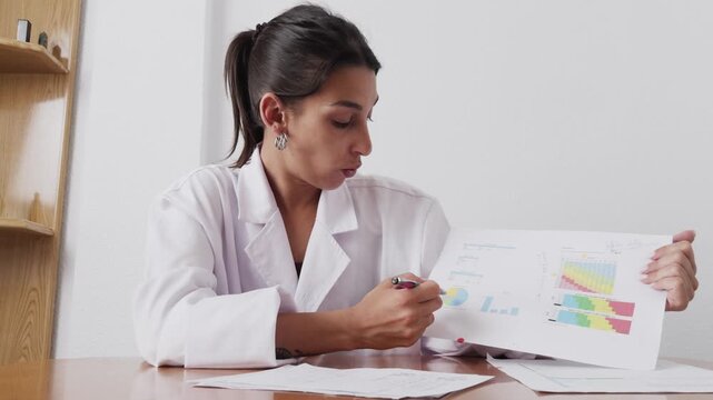 Young latina doctor explaining medical charts during online video call
