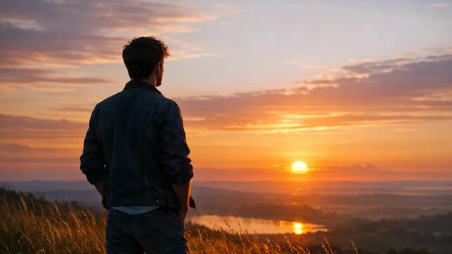 A man standing alone at a cliffside overlooking a lake during sunset.