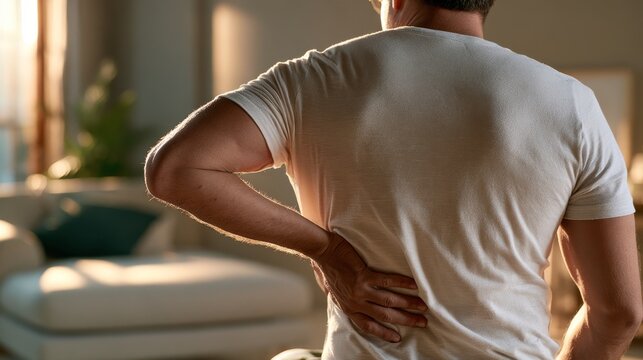 Man touches lower back in pain during morning light in comfortable indoor space Generative AI