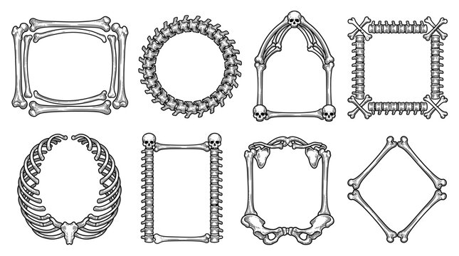 Set of Decorative Gothic Bone Frames and Borders, Anatomical Human Skeleton Elements with Skulls, Vertebrae and Ribs, Isolated Illustration