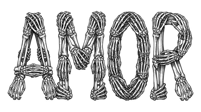 Gothic engraving style illustration of word AMOR formed by skeleton hands and human bones isolated on white background